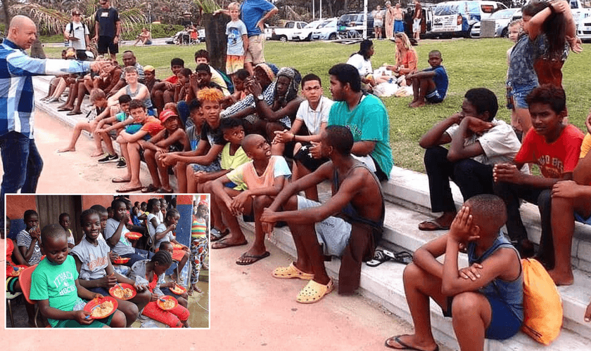 Missionário da Groundswell Aid prega para jovens; no destaque, crianças são alimentadas pela ajuda humanitária. (Foto: Reprodução / Groundswell Aid)