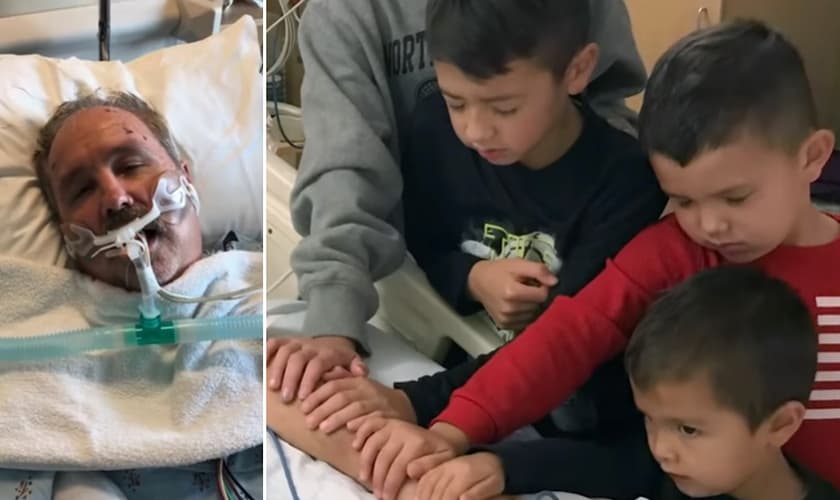 Netos em oração pelo avô que estava em coma, o pastor Jim. (Foto: Reprodução/The 700 Club|Montagem Guiame)