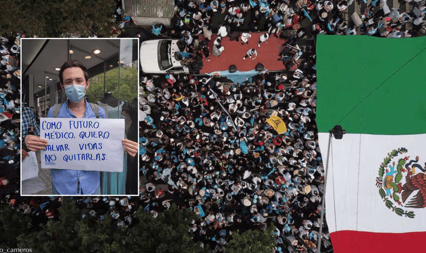 Vista aérea de parte das manifestações pró-vida em frente à Suprema Corte; no destaque, manifestante com cartaz. (Foto: Reprodução / Twitter)