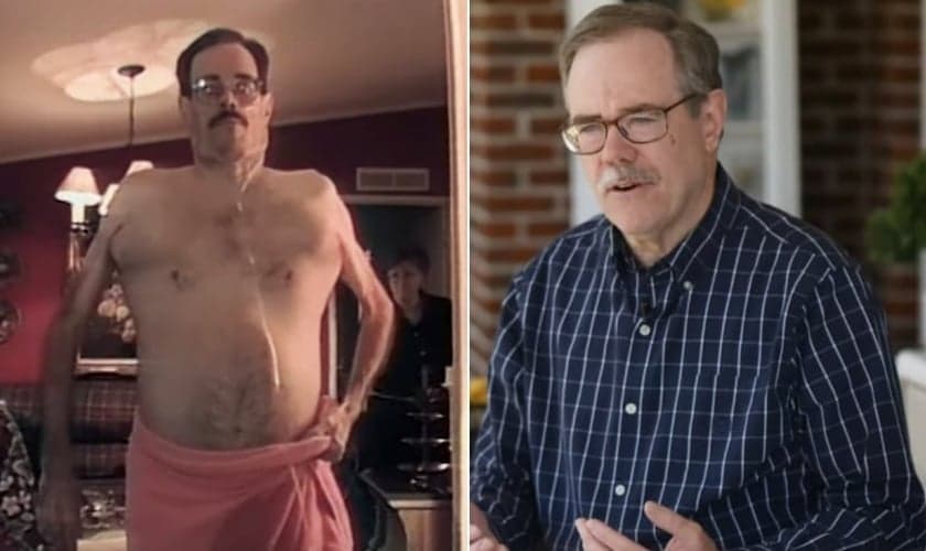 De um lado, Dr. Tom Renfro com tumores e coágulos. De outro, ele saudável testemunhando a cura. (Foto: The 700 Club)