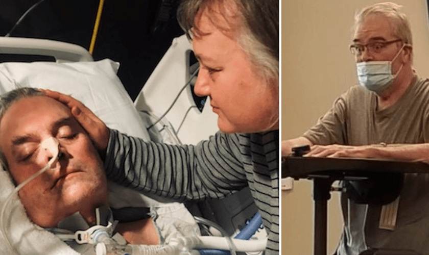 Staci Williams ao lado do marido, David, na UTI; à direita, David recuperado milagrosamente. (Foto: Cortesia da Família Williams)
