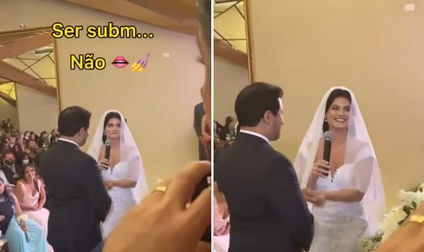 Inaiã Dias durante os votos em seu casamento com Roney Barros. (Foto: Reprodução)