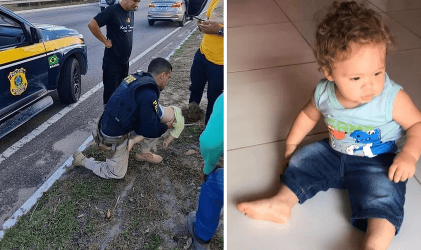Policial salvando o bebê Josué Levi que estava engasgado. (Foto: Divulgação/PRF)
