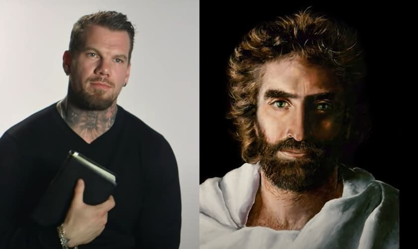 Cody Bates após sua conversão e a pintura de Akiane Kramarikpi . (Montagem: Capturas de tela/YouTube/The Meeting House)