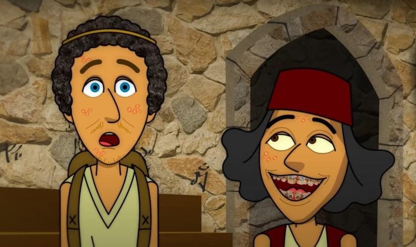 Jesus (à esquerda) olhando para Madalena, num prostíbulo, enquanto Lázaro (à direita) o ensina “a ser escroto”, conforme o roteiro. (Foto: Captura de tela/YouTube/Porta dos Fundos)