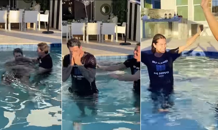 Adriana Sant’Anna e Rodrigão se batizam nas águas, em Orlando, onde moram. (Foto: Montagem Guiame / Instagram Adriana Sant’Anna)