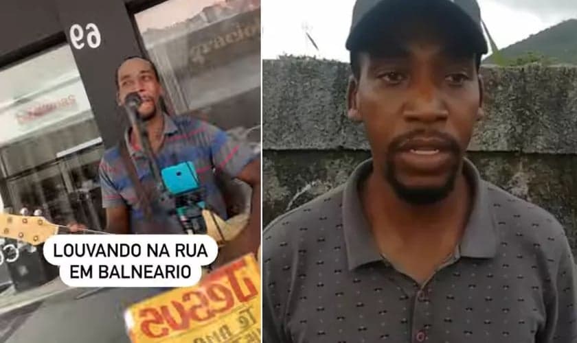 Regis da Silva canta nas ruas de Balneário Camboriú. (Foto: Montagem / Captura de telas)