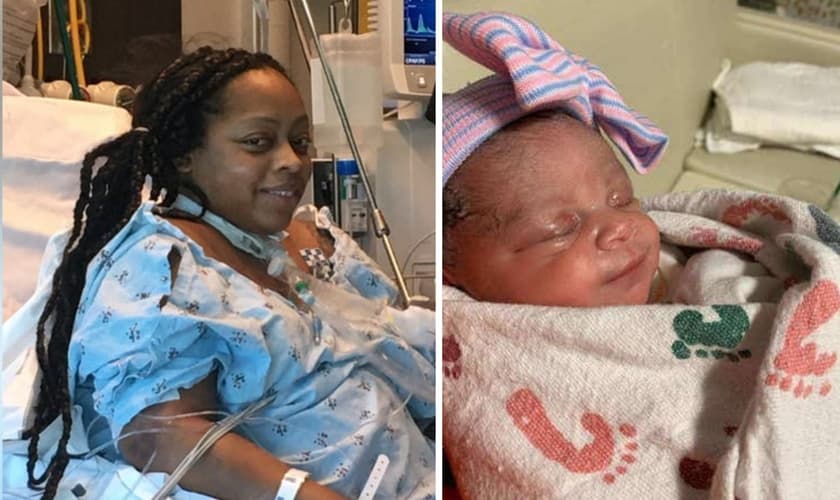 Sheenah Berry durante internação, e sua bebê Kensley logo após o parto. (Foto: Reprodução / Fox5Atlanta)