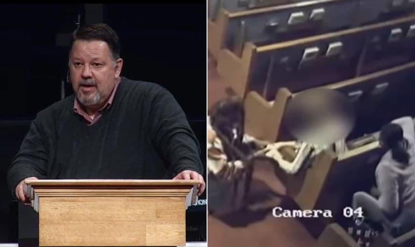 Pastor Larry Robertson e cena do roubo no Tennessee. (Foto: YouTube/Hilldale Baptist Church/Câmeras de Segurança)
