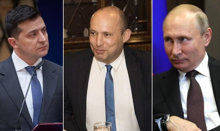 Volodymir Zelensky, Naftali Bennet e Vladimir Putin. (Foto: Montagem Guiame)