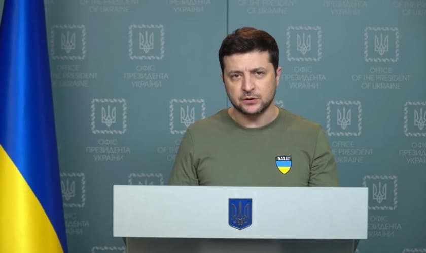 Volodymyr Zelensky em pronunciamento nesta quinta-feira, 3 de março de 2022. (Print de tela)