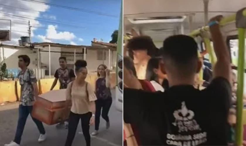 Jovens evangelizam em transporte público levando um caixão. (Foto: Captura de tela/YouTube TvM)