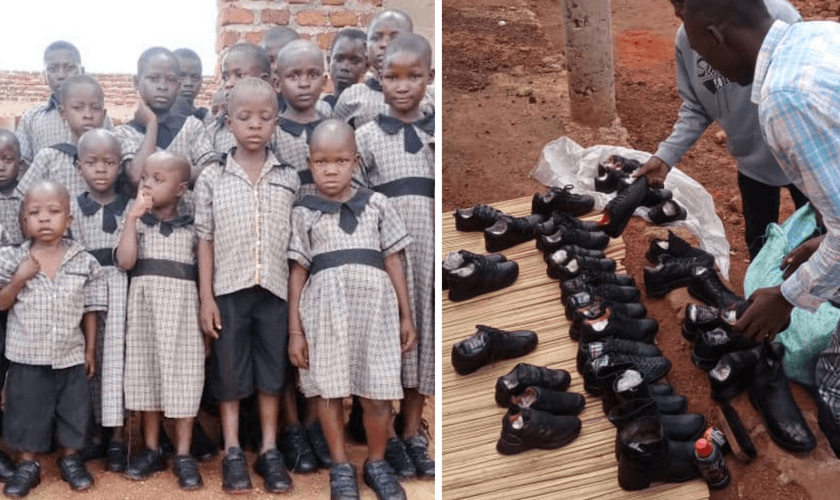 Crianças do Projeto “Light of Hope” recebem calçados e uniformes para irem à escola. (Foto: Pastor Okecho Simon Peter)