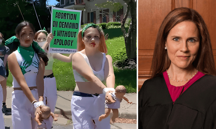 Ativistas pró-aborto ‘Rise Up 4 Abortion Rights’ protestam em frente à casa da juíza conservadora e católica, Amy Coney Barrett (à esquerda) (Captura de tela Twitter Rise Up 4 Abortion Rights / Rachel Malehorn / Creative Commons)