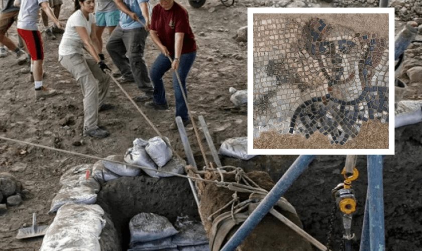Escavações na antiga vila judaica de Huqoq e, no destaque, mosaico com figura bíblica. (Foto: Huqoq Excavation Project / Jim Haberman)