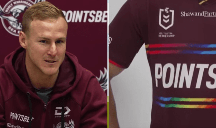 O capitão do Sea Eagles, Daly Cherry-Evans, durante coletiva de imprensa; camisa arco-íris. (Captura de tela/YouTube/Sky Sports News)