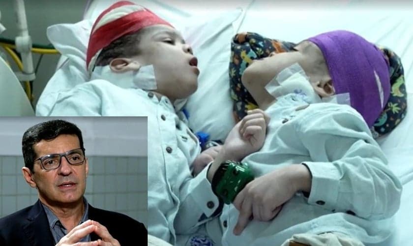 Dr. Gabriel Mufarrej e os gêmeos Arthur e Bernardo. (Foto: Captura de tela/Vídeo Fantástico)