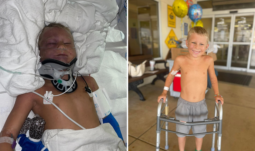 Bodie Boring, de 6 anos, hospitalizado e dias depois recuperado. (Foto: Facebook Sam Boring)
