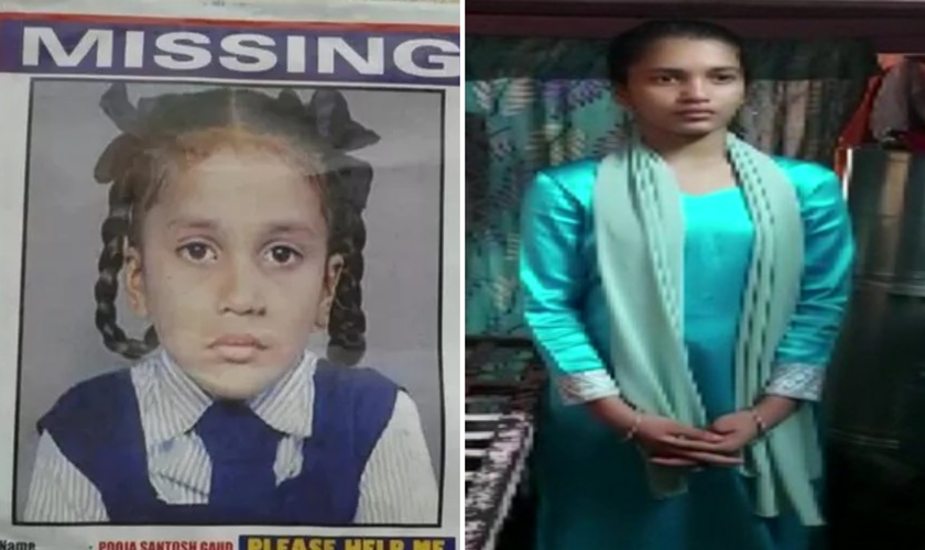Pooja Gaud aos 7 anos, antes de ser sequestrada, e hoje. (Foto: Polícia de Bombay/Twitter Asia News Internacional)