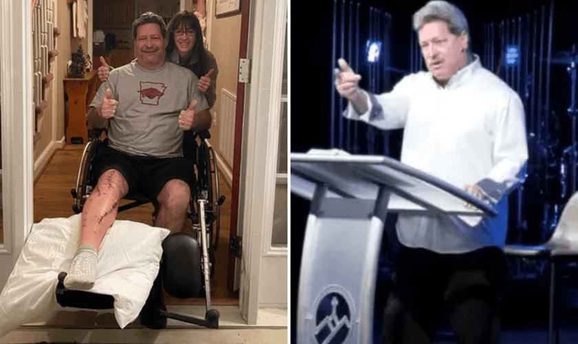Kevin Cummings, com sua esposa Terri, após cirurgias e agora conseguindo pregar em pé. (Foto: Baptist Press)