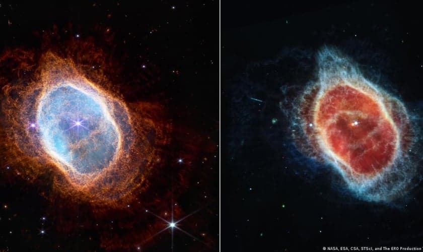 A Nebulosa do Anel Sul em luz infravermelha próxima e média, iluminada por uma estrela em seus últimos estágios de vida. (Foto: NASA, ESA, CSA, STScI, and The ERO Production Team)