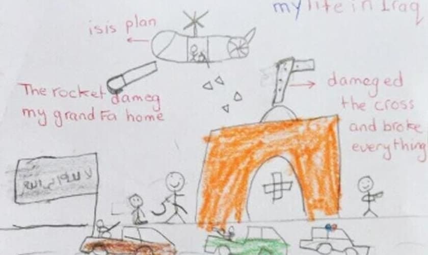 Desenho de Sara que descreve o ataque do Estado Islâmico contra seu pai e seu avô. (Foto: Reprodução/God Reports)