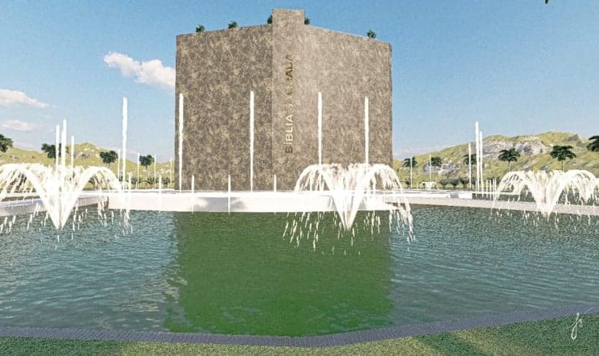 O monumento de mais de 40 metros de altura será uma Bíblia aberta sobre o mapa mundial. (Foto: Divulgação/A Hora).