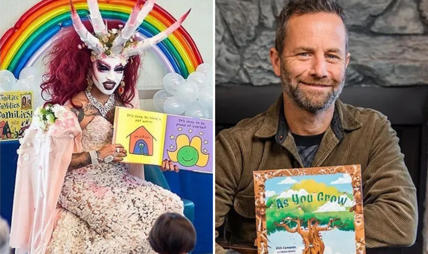 Kirk Cameron mostra seu livro infantil "As You Grow" [à dir.]; leituras por drag queens são aceitas em bibliotecas públicas. (Fotos: Brave Books/Relearn.org/Facebook)