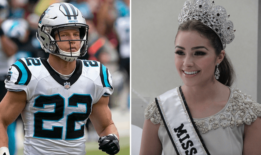 Olivia Culpo, vencedora do Miss Universo (Foto: U.S. Embassy, Jakarta). Christian McCaffrey (Foto: Keith Allison de Hanover/Creative Commons).