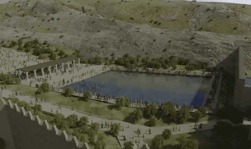 Renderização de vídeo do tanque de Siloé durante o período do Segundo Templo. (Captura de tela: Ran Tzahur e Studio Umbrella).