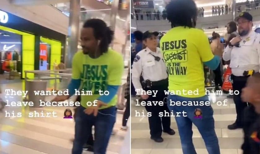 Homem que usava a camiseta argumentando com os seguranças. (Foto: Reprodução/Twitter/John Mason)
