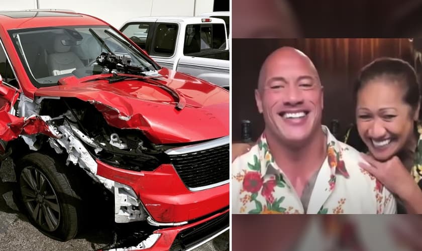 Veículo destruído após o acidente. (Foto: Reprodução/The Rock/Instagram/Access Hollywood)