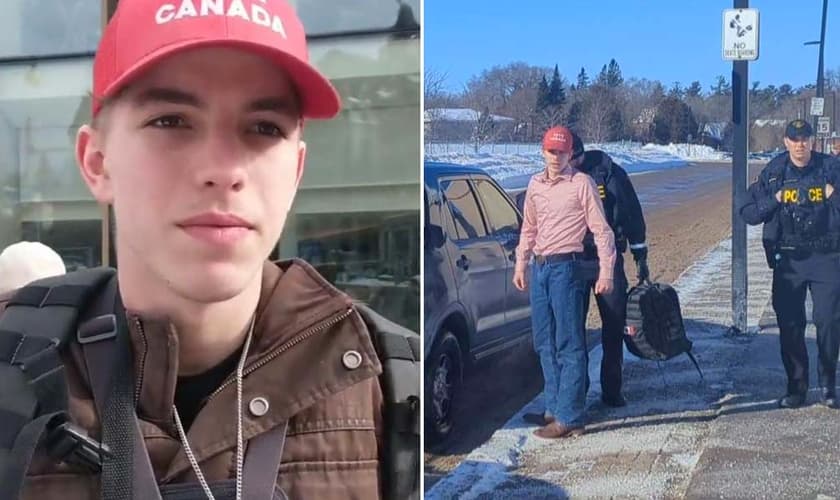 Momento em que Josh foi detido pela polícia. (Foto: Reprodução/Twitter/Rebel News)