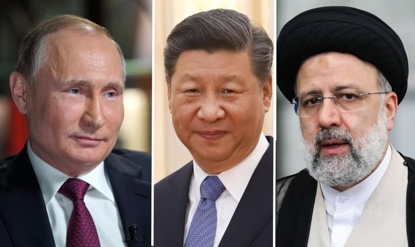 Vladimir Putin, Xi Jinping e Ebrahim Raisi. (Fotos: Wikimedia Commons/Montagem)