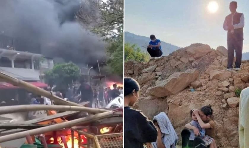 Depois de ataque a igrejas, cristãos adoram a Deus sobre escombros. (Foto montagem: Captura de tela/Vídeo Aljazeera e Reprodução/Global Christian Relief)