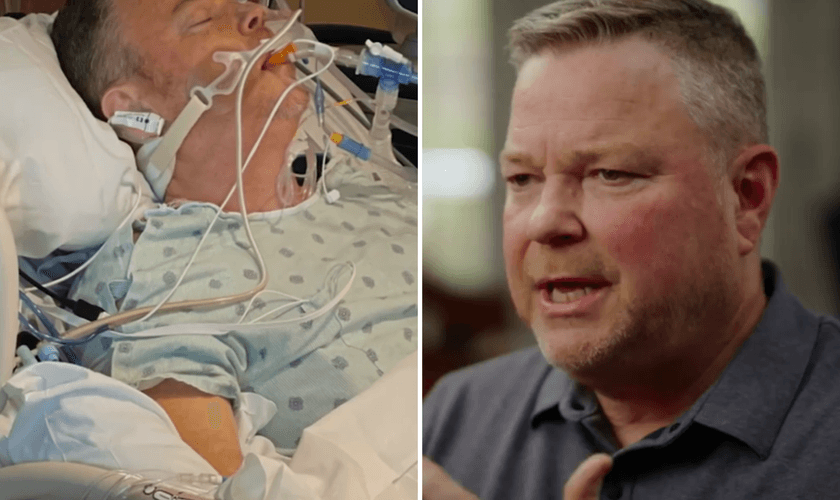 Mark Morrow durante sua internação na UTI e hoje, contando seu testemunho milagroso. (Captura de tela/CBN News)