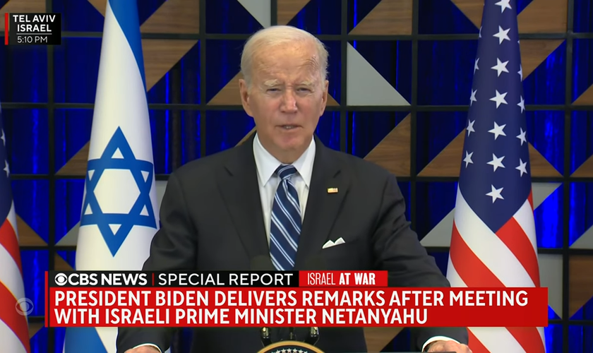 Joe Biden durante seu discurso em Tel Aviv. (Captura de tela/YouTube/CBS News)