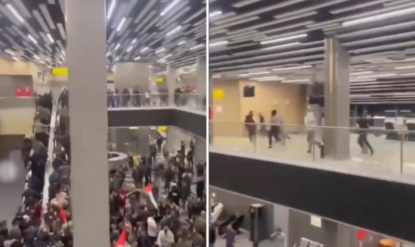 Imagens mostraram uma multidão invadindo o terminal do aeroporto após saber da chegada do voo. (Captura de tela/Jewish Breaking News)