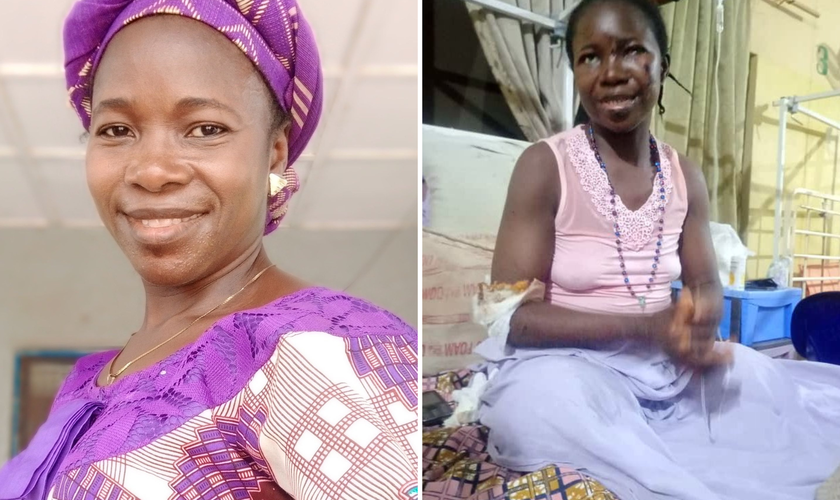 Margaret Attah, antes e depois do atentado terrorista em igreja da Nigéria. (Foto: Acnuk)
