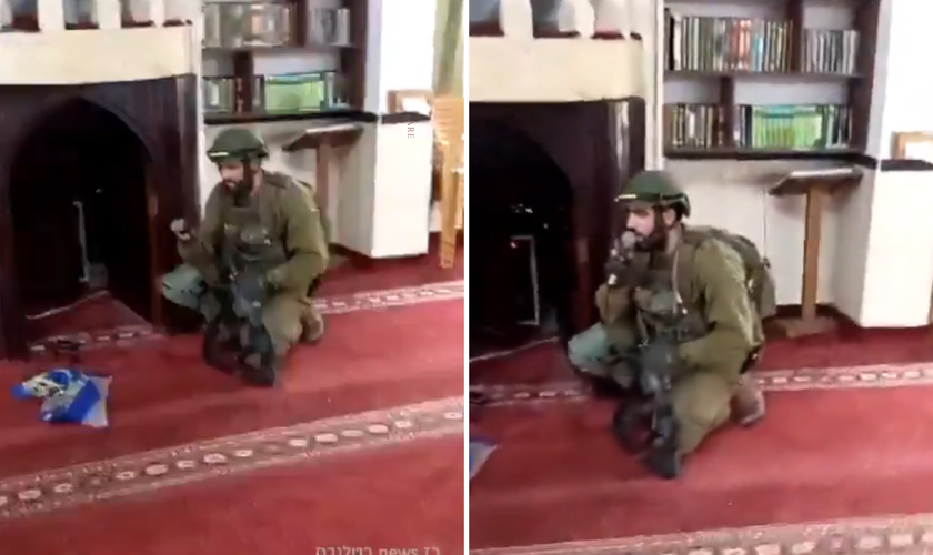 Soldado recita a oração “Shema Yisrael” dentro de mesquita. (Captura de tela/X/Kann News)