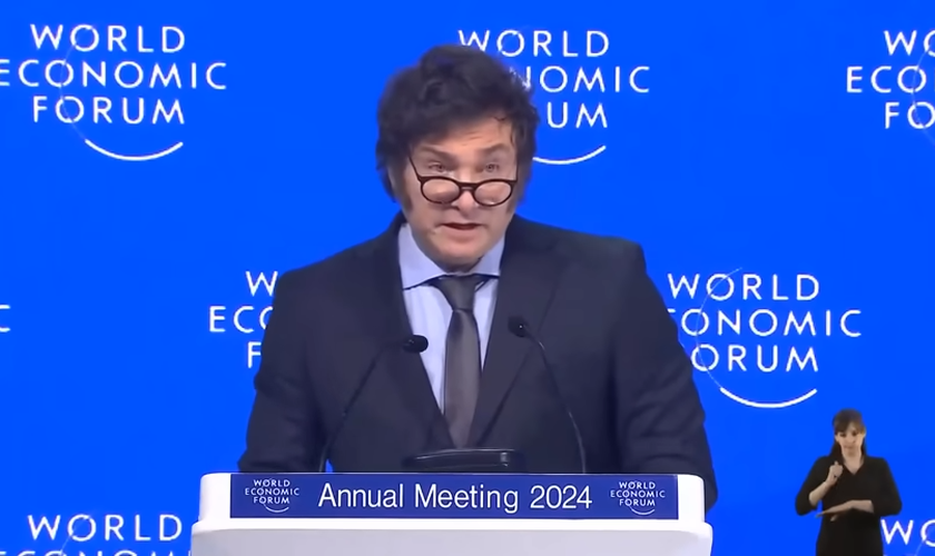 Javier Milei no Fórum Econômico Mundial, em Davos. (Captura de tela/YouTube/La Nacion)