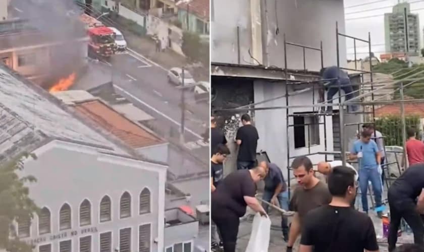 As chamas atingiram a parte externa da Congregação Cristã, em São Paulo. (Foto: Reprodução/Metrópoles).