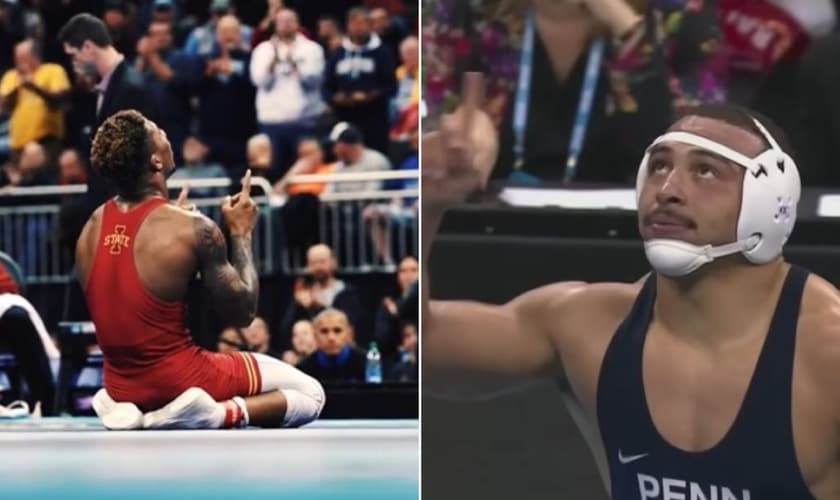 Aaron Brooks e David Carr. (Foto: Reprodução/YouTube/NCAA Championships/X/Iowa State Wrestling)
