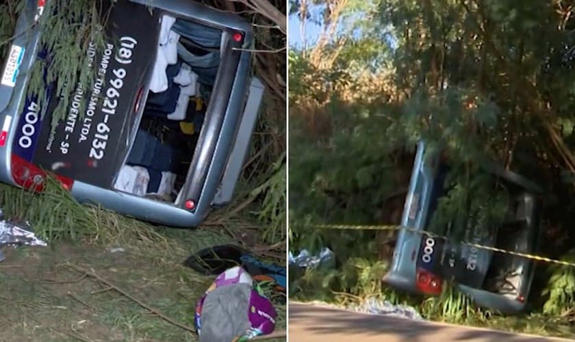 O ônibus tombado. (Foto: Reprodução/G1)
