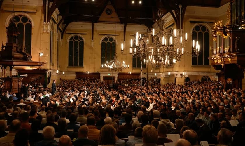 A igreja Nieuwe Kerk fica lotada para o concerto masculino. (Captura de tela/Mannenzang Katwijk)