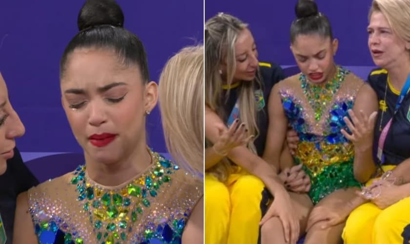 Victória Borges louvou a Deus enquanto esperava a nota de sua equipe. (Foto: Reprodução/YouTube/CazéTV).