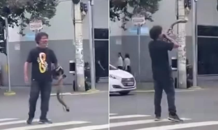 O homem tocou um shofar no centro de Governador Valadares. (Foto: Reprodução/Instagram/Valadares Redação).