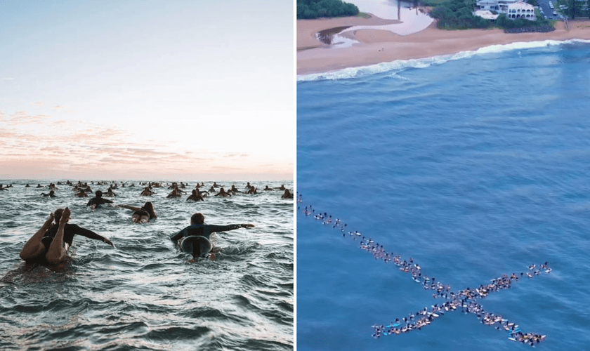 Surfistas cristãos formam cruz humana no mar da Austrália: ‘Ele ressuscitou!’