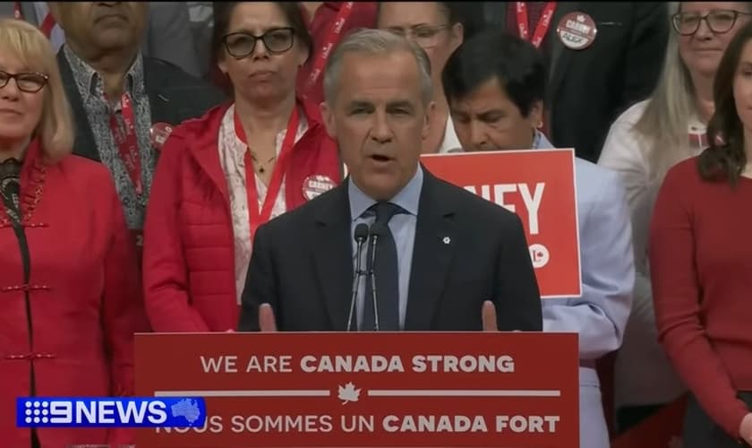 Mark Carney vence eleições no Canadá. (Captura de tela/YouTube/9 News Australia)