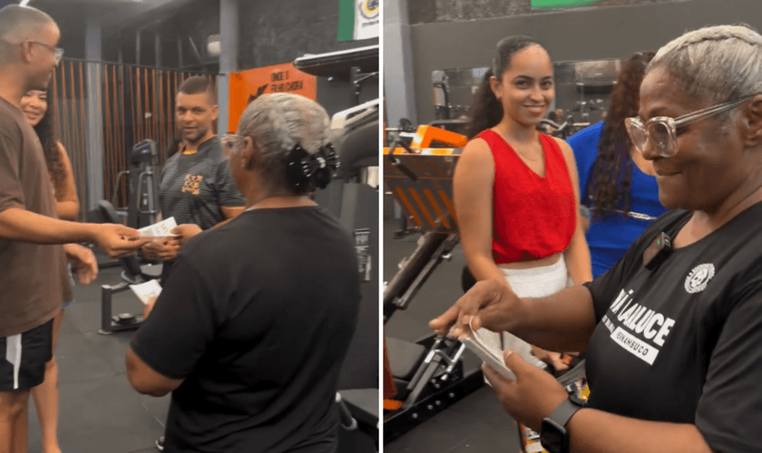 Irmã Marluce distribui folhetos evangelísticos aos colegas na academia. (Captura de tela/Instagram)